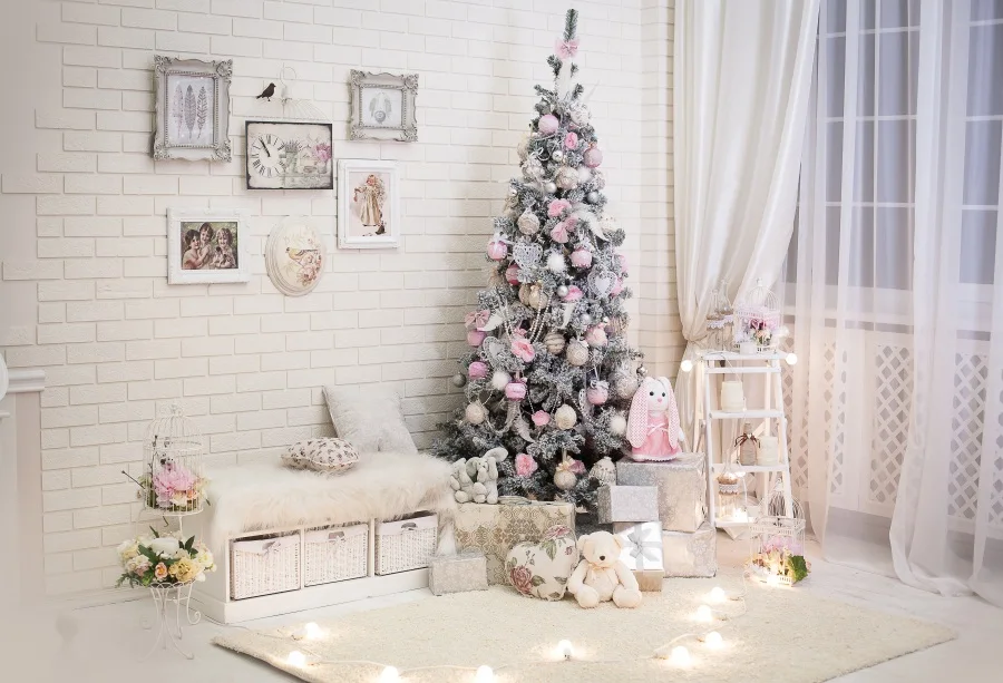 Рождественский фон для фотосъемки, уютный Декор, дерево, серая кирпичная стена, детские игрушки, ковер, занавеска, детский фото фон, Фотостудия