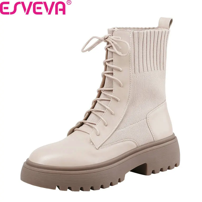 

ESVEVA 2020 Patchwork Cow Leather Knitting Casual Ankle Boots Lace Up Square Heel Platform Autumn Winter Women Shoes Size 34-39