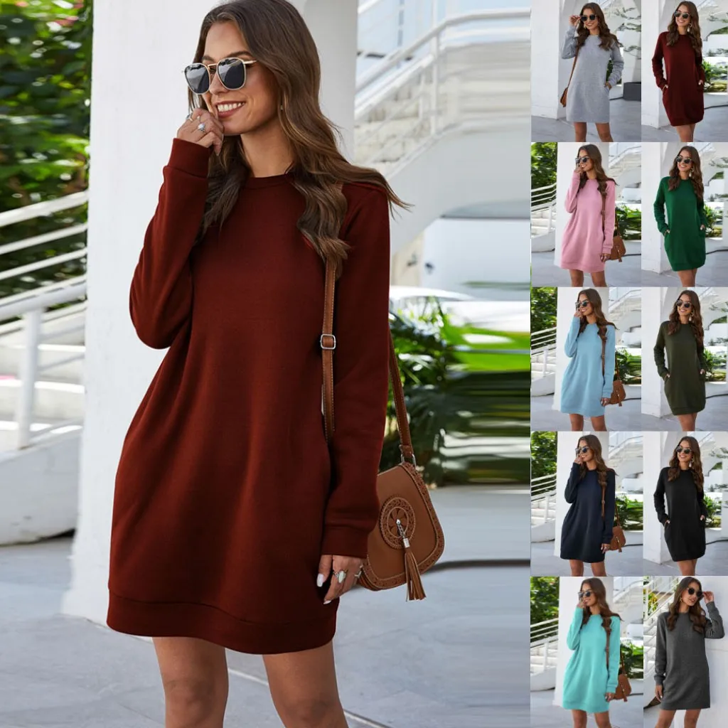 Базовые длинные толстовки с капюшоном платье круглым вырезом осеннее Рабочая