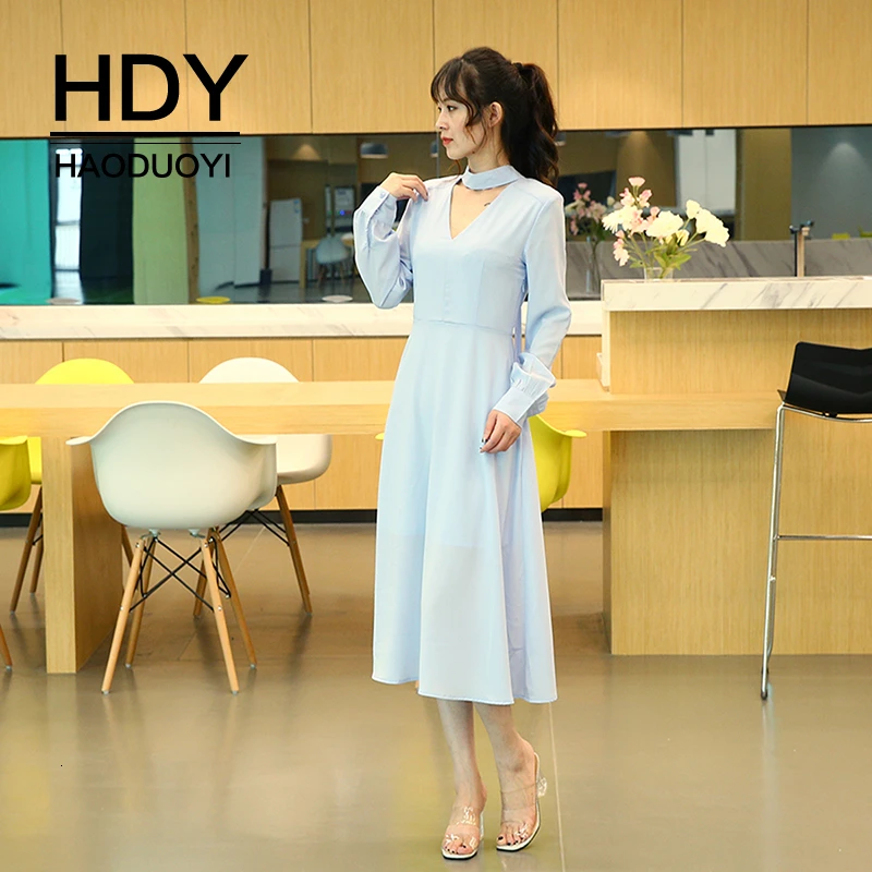 

HDY Haoduoyi New Fashion Autumn Sexy Casual Slim Stylish Simple Solid Cutout Lace Bow Party Elegant Lace Women Mid Dress