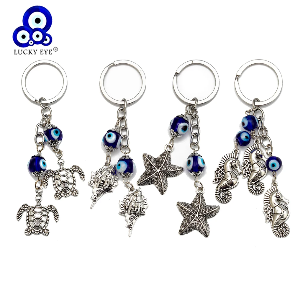 

Lucky Eye Evil Eye Keychain Car keyring Silver Color Ring Sea Turtle Starfish Charm Key Chain Jewelry Gifts for Women Men EY6733