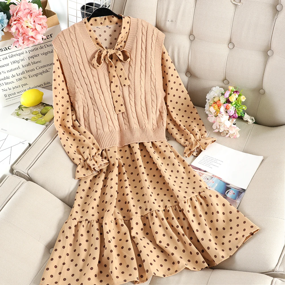 Women Dress 2 шт., Женский Осенний бандажный кардиган с воланами, с расклешенными рукавами, на бретелях, в горошек, трикотажное платье с бантом, эластичный тонкий пуловер, Вечерние Платья Миди - Цвет: Women Dress