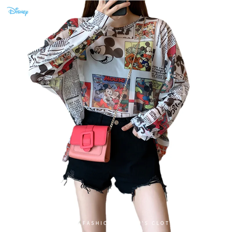 Disney 2021 Summer Famous Anime Mickey Mouse Brand Mesh Shirt Women Sun Protection Transparent Long Sleeve Blouse Ladies T-shirt