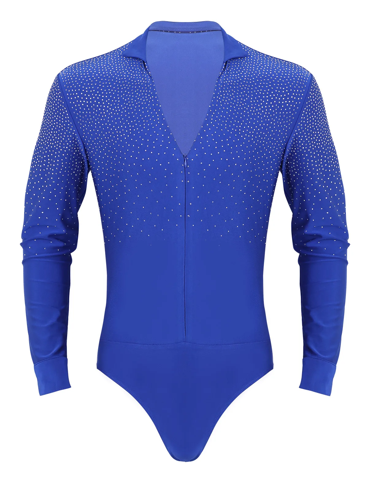 TiaoBug Shiny Rhinestones V-neck Stand Collar Long Sleeve Ballroom Tango Rumba Men Latin Dance Shirt Leotard Bodysuit Dancewear - Цвет: Royal Blue