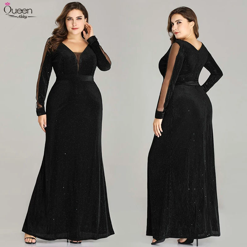 Sparkle Mermaid Evening Dresses Long Queen Abby Elegant V-neck Velvet Sleeve Black Sequined Wedding Guest Gowns Plus Size | Свадьбы и