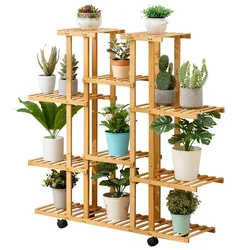 Étagère à plantes en bois massif épais avec rouleaux, meuble d'extérieur, pour jardin, balcon, cour, Pot de fleurs de paysage, support d'ameublement 