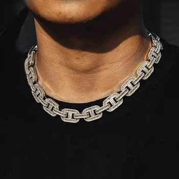 

New Bling Iced Out Cubic Zirconia 15MM Lock Pin CZ Link Necklaces Silver Color Cuban Link Chain Necklace Hip Hop For Men Jewelry