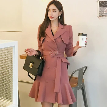 

Hchenli Brand 2019 Women Ruffle Bottom Trend Coat High Quality Pink Black Belt Coat Drop Shipping
