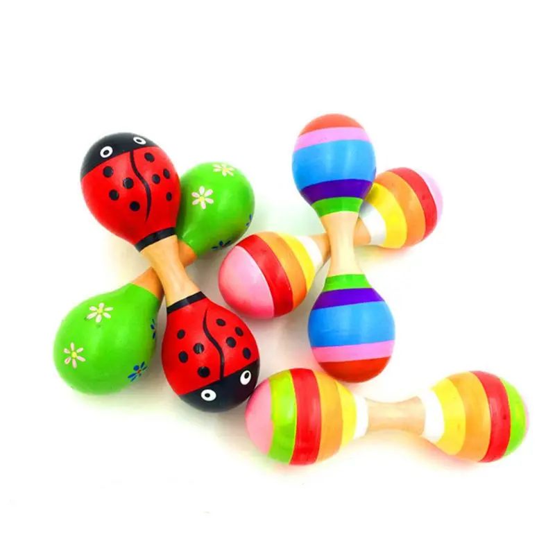 Разноцветные деревянные погремушки с двойной головкой для маленьких детей, музыкальные инструменты, шейкер для детских погремушек, вечерние игрушки 634F