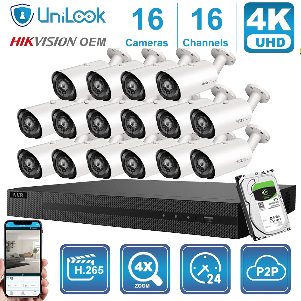

UnILook 16CH NVR 8/10/12/16Pcs 4K 8MP Bullet POE IP Camera NVR Kit 2.8-12mm 4X Security Audio Night Vision 30m Onvif H.265 P2P