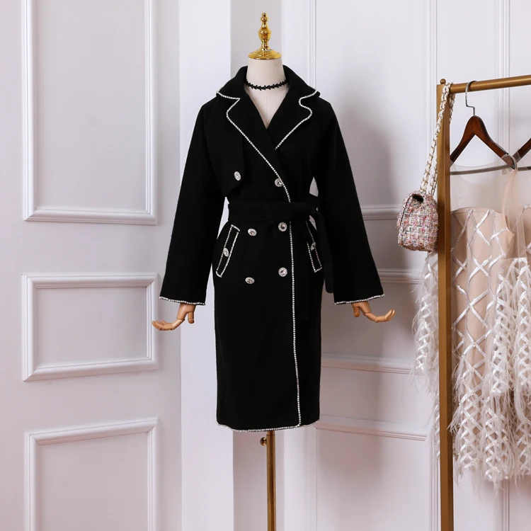 Manteau Femme длинное шерстяное пальто для женщин осень зима белое шерстяное пальто со стразами двубортное на пуговицах свободная ветровка