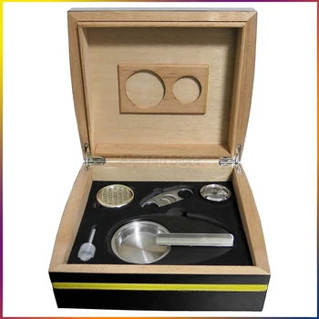 

COHIBA Black Cedar Wood Cigar Travel Humidor Set Cutter Ashtray Piano Finish Hygrometer Home&Office Business