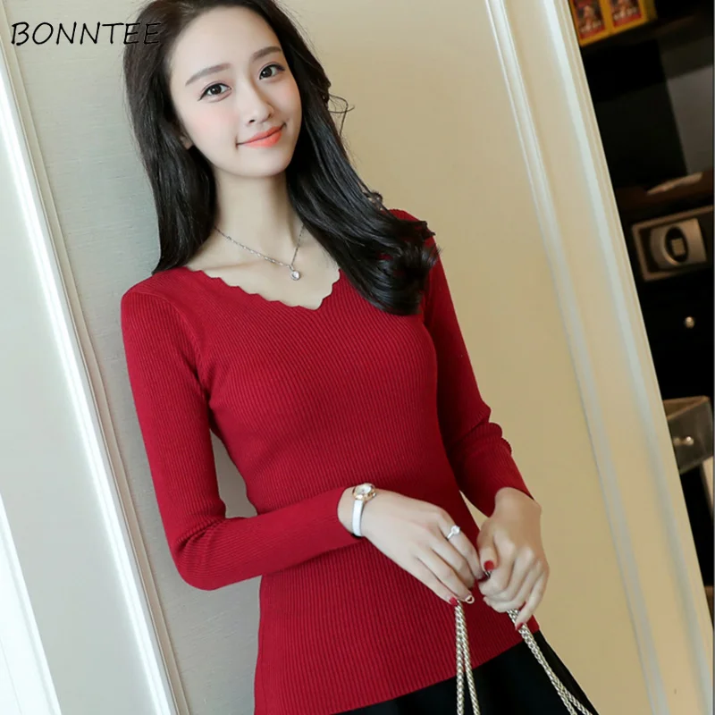Pullovers Women V-Neck Simple All-match Basic Top Pullover Womens Solid Jumper Slim Long Sleeve Knitted High Quality Elasticity | Женская