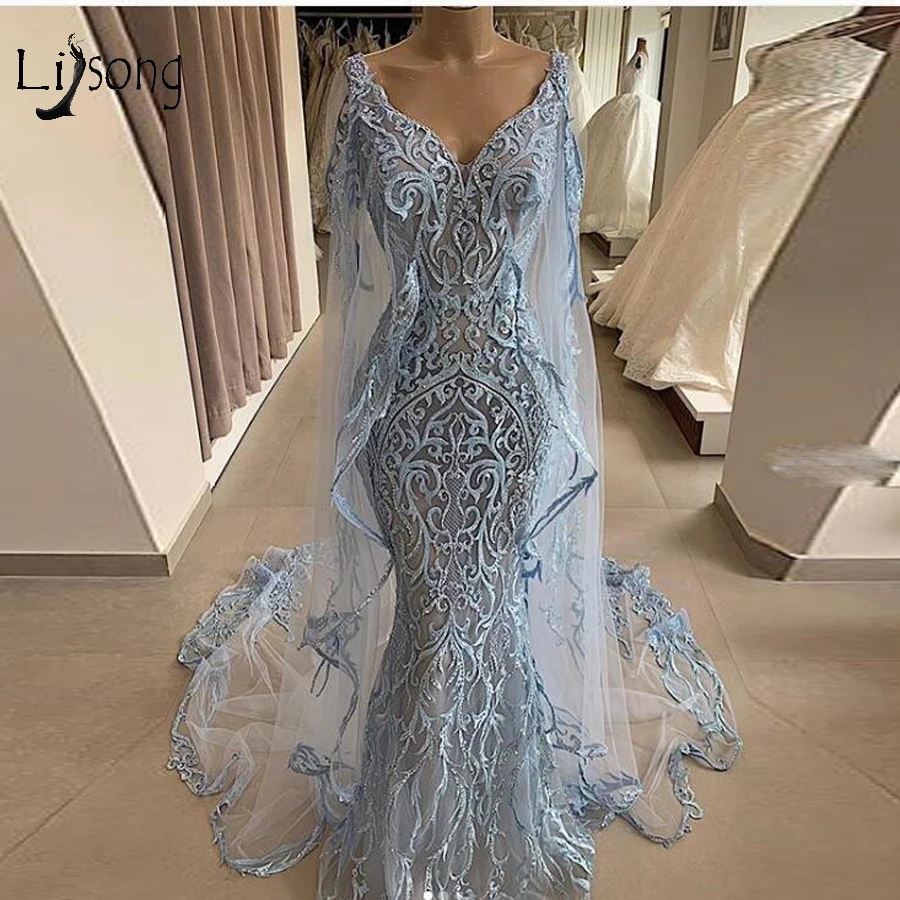 Elegant Sky Blue Lace Mermaid Prom Jurken Met Lange Mantel Applicaties Lange Prom Jassen Mode Formele Kleding Vestidos Elegant Sky Blue Lace Mermaid Prom Jurken Met Lange Mantel Applicaties Lange Prom Jassen Mode Formele Kleding Vestidos