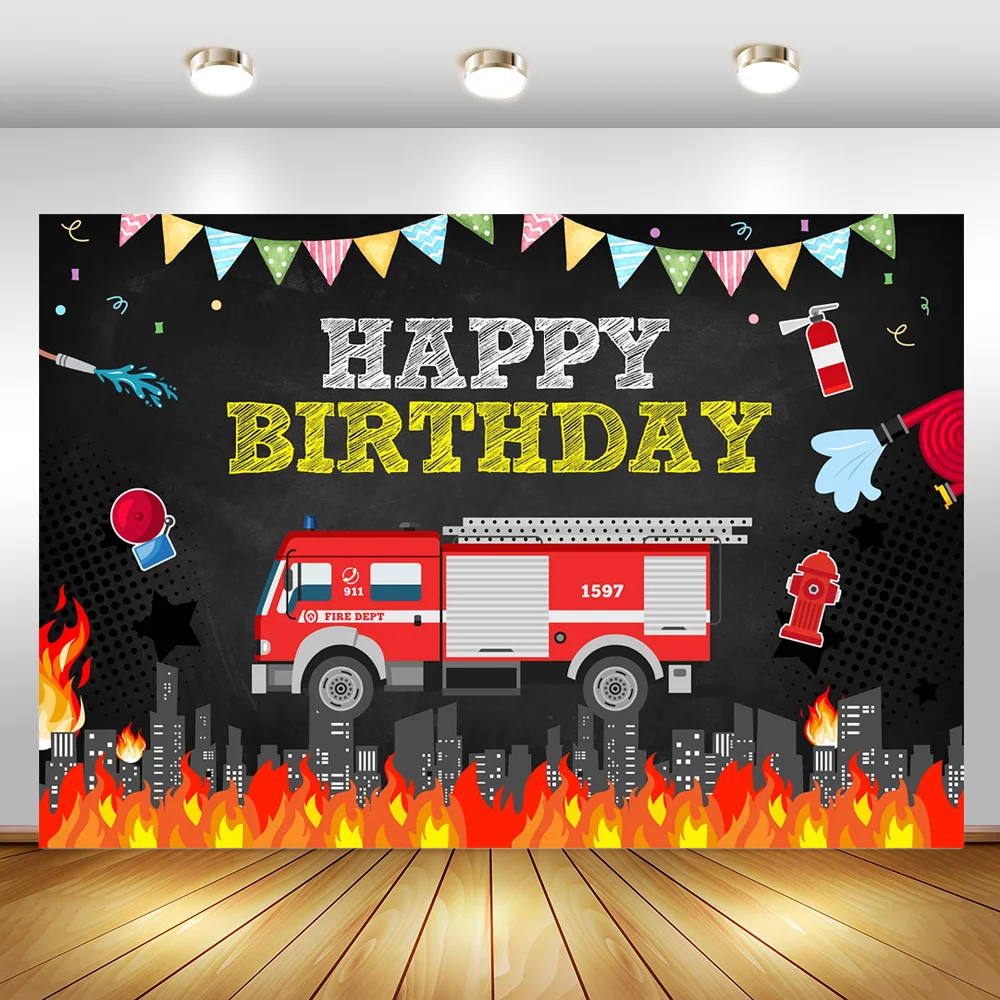 Firetruck Amosfun Kit de decoración para camión de bomberos de cumpleaños diseño de bandera de tracción