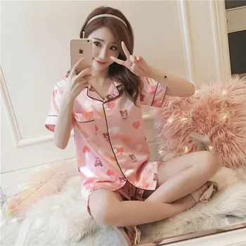 

Hot Selling Summer WOMEN'S Pajamas Model Silk Cute Cartoon Peach Heart Bear Short Sleeve Cardigan Homewear Set