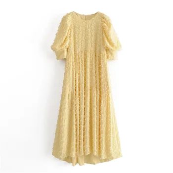 

2020 spring and summer new round neck fluffy short sleeve pocket decorated midi dress with lined back split texture loose dress