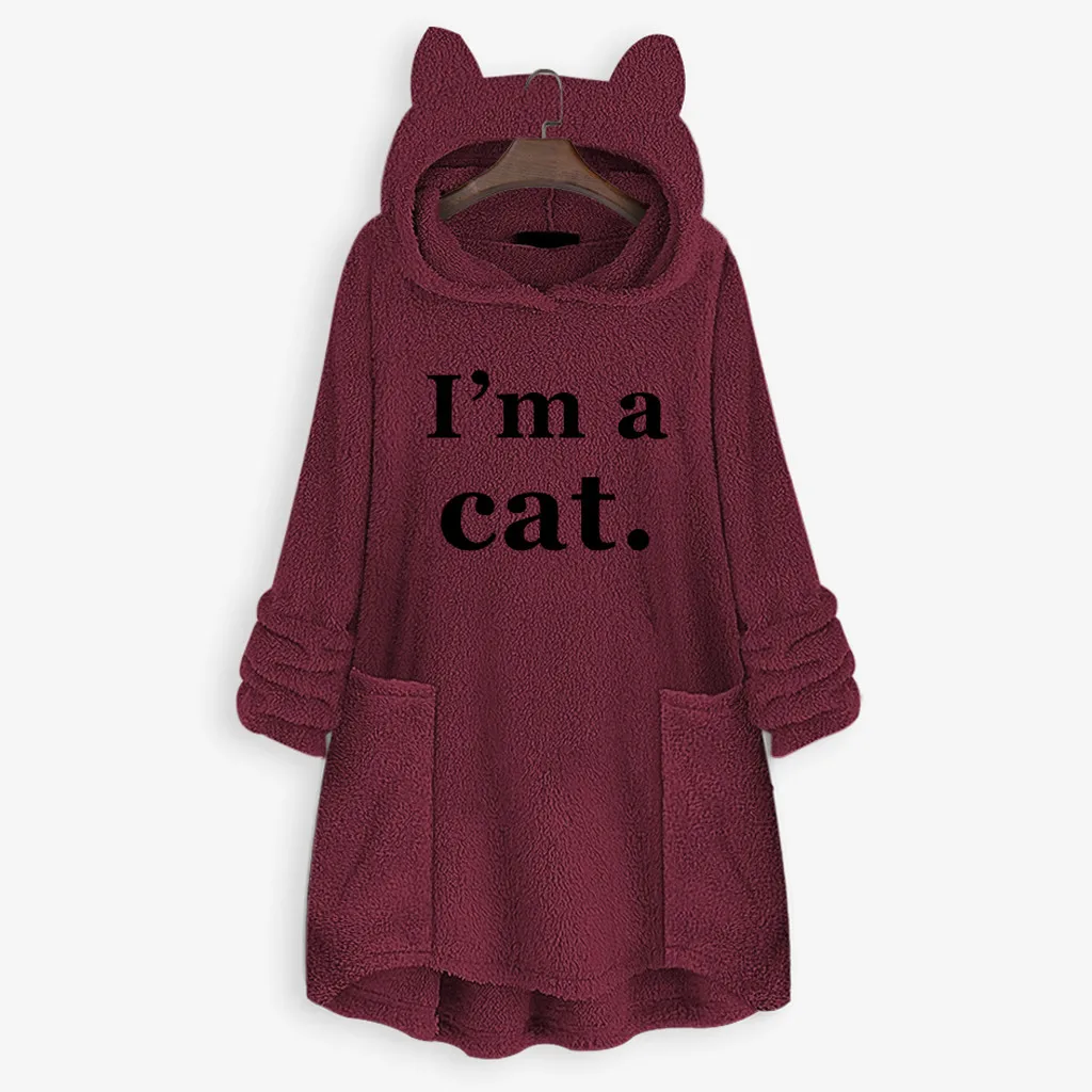 Kawaii/Толстовка уличная одежда с кошачьими ушками; зимняя толстовка с капюшоном; женские флисовые куртки с карманами; плюшевое пальто с надписью «I Am A Cat»