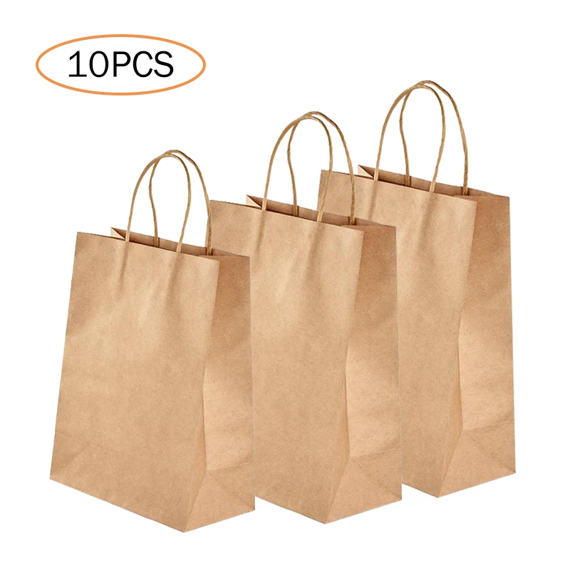 

10PCS Kraft Paper Bag with Handles Gift Packaging Bags Wedding Party Wrapping Holder Shopping Clothes Food Takeaway Bags 3Sizes