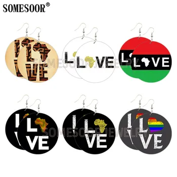 

SOMESOOR One Love African Map Wooden Drop Earrings Dope Loops Black Sayings Arts Printed Inspire Dangle Jewelry For Women Gifts