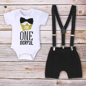 

Clothes Newborn Infant Baby Boys Letter Gentleman Birthday Short Sleeve Romper + Straps Shorts Outfits Clothes Set