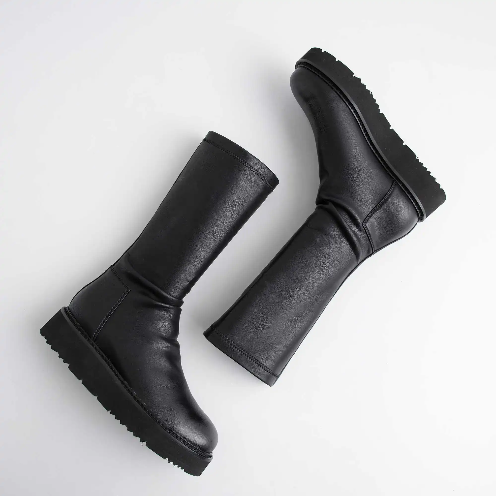 Krazing Pot Internet star streetwear stretch boots round toe med heels black colors daily wear women warm thigh high boots L9f2