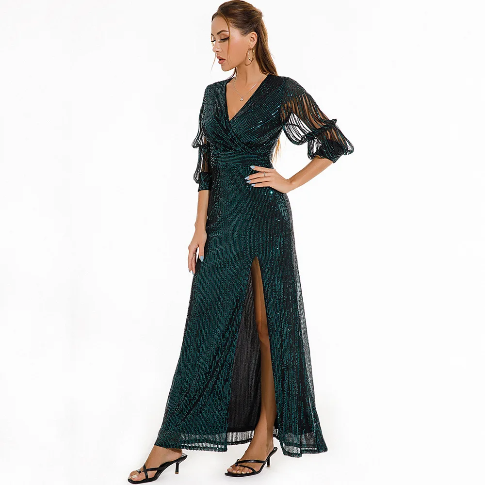 eDressU Green Sequins Evening Party Dress High Quality Sexy Slit Vintage Prom Formal Dress Robe de Soiree Vestido YMK-22616 evening wear