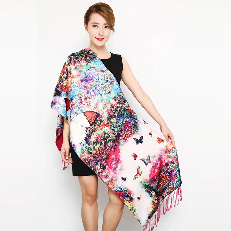 Толстый осенний зимний женский шарф, модный длинный двухсторонний матовый шарф, элегантный шелковый шарф с принтом в китайском стиле - Цвет: 02