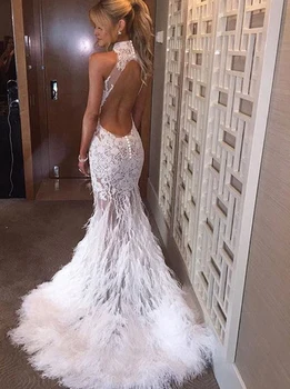 

High Neck Dinner Dress Sexy See Through Design Mermaid Tulle Lace Appliques Feather Formal Evening Gown robe de soiree