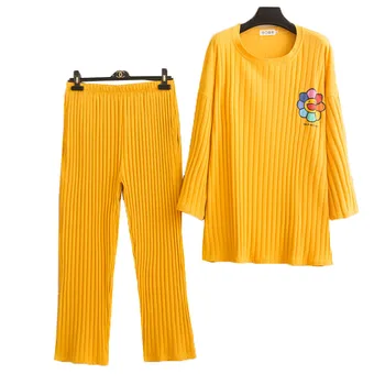 

Large Size Women's Pajamas Autumn Winter Knitted Cotton Nightgown & Trousers Two-Piece Suit Women's Fashion Home Service A942