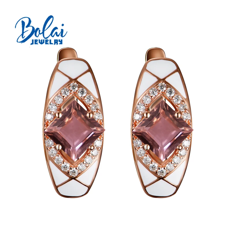 

Bolaijewelry,created gemstone Morganite nano clasp earrings 925 sterling silver fine jewelry for women party or daily wear