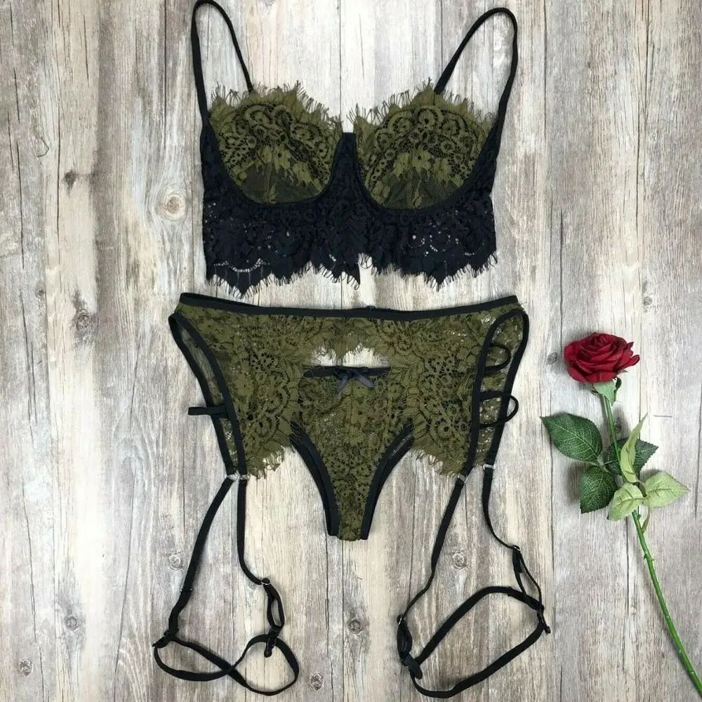 Женское сексуальное нижнее белье, кружева, Babydoll, открытый бюстгальтер, набор, стринги, нижнее белье, ночное белье, наборы бюстгальтер+ трусы - Цвет: green  no stockings