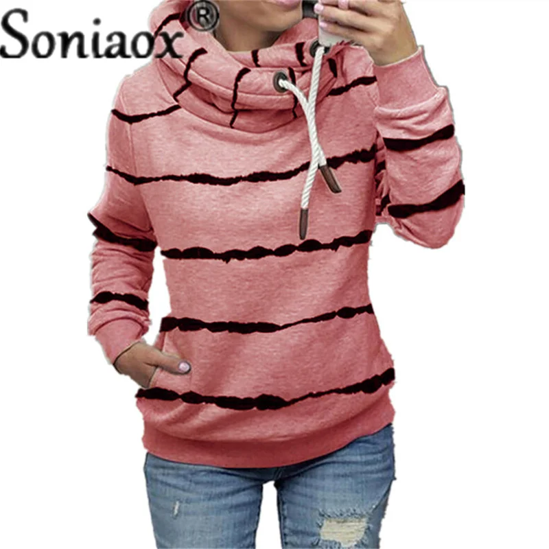 2021 Autumn Winter Fashion New Women's Trend Street Style Hooded Fleece Striped Print Casual Loose Drawstring Sweatshirt Female