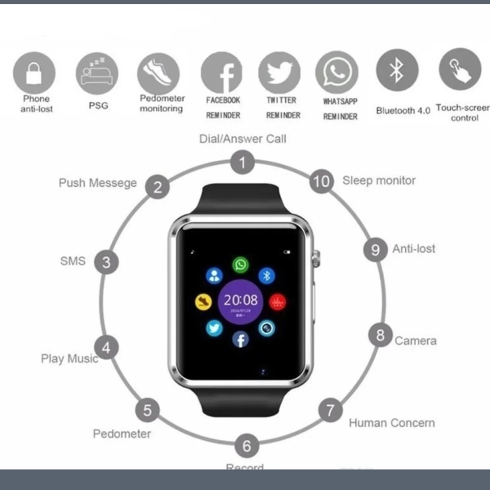 Горячие A1 Bluetooth Смарт часы Спорт поддержка вызова музыка 2G с SIM TF камера Smartwatch для Android PK iwo 8 DZ09 GT06