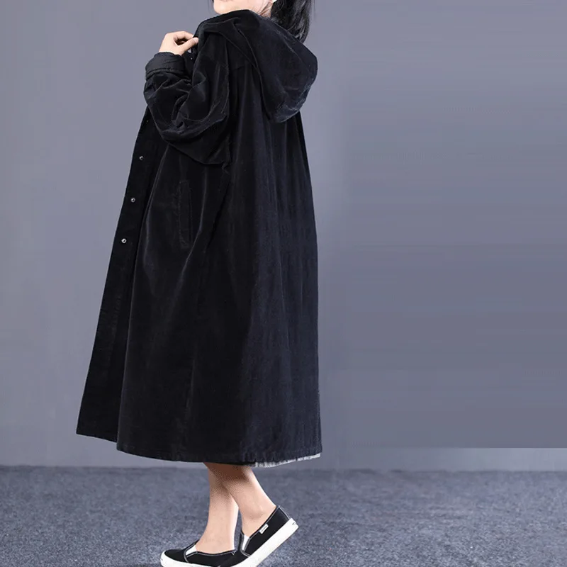 

2018 Autumn And Winter New Style Korean-style Loose And Plus-sized Literature And Art Casual Solid Color Corduroy Mid-length Tre