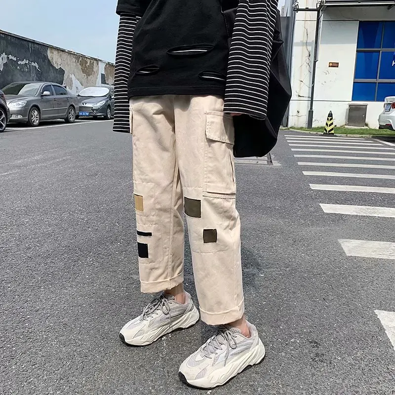 ICCLEK Autumn New Multi-pocket Overalls Men's Loose Straight-leg Pants Casual Pants Straight Cut Checkered Pants for Men