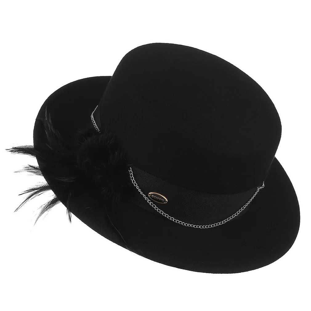 Женские шерстяные мягкие шляпы шляпа Женская купольная перо и цепь декоративная теплая шапка женская церковная вечерние банкетные элегантные ретро-шляпы H7207