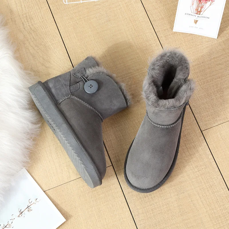 

Snow Boots Women's Fur Short Button Cotton Boots 2019 Genuine Leather Warm Wool Cotton-padded Shoes Anti-slip Waterproof 3352