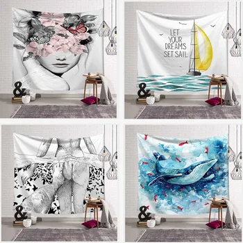 

Bohemian Sailboat Whale Palm Tapestry Wall Hanging Dinosaur Bones Girl Pattern Art Sunbathing Beach Towel Blanket Home Decor