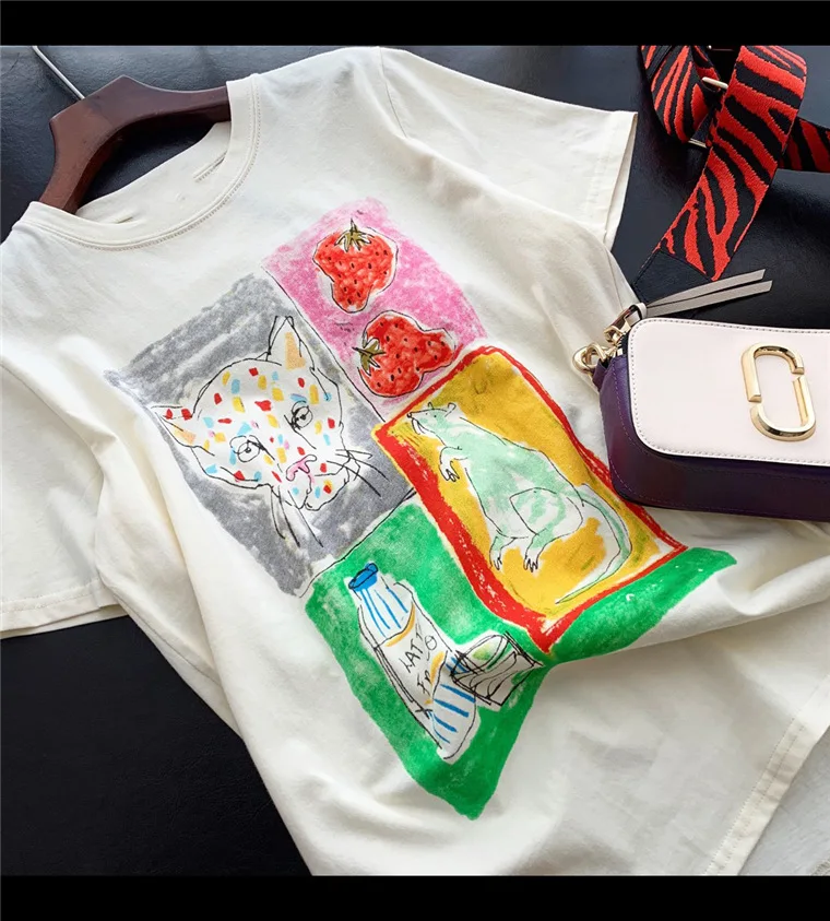 

High-end custom women's 2020 spring leopard frame like color crayons pattern round neck short sleeve T-shirt