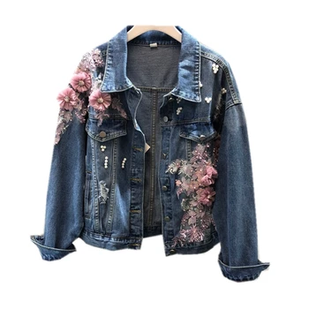 

2020 Spring Autumn Jeans Jacket Coat Woman New Heavy Stereo Pink Flower Embroidered Hole Denim Jackets Student Basic Coats