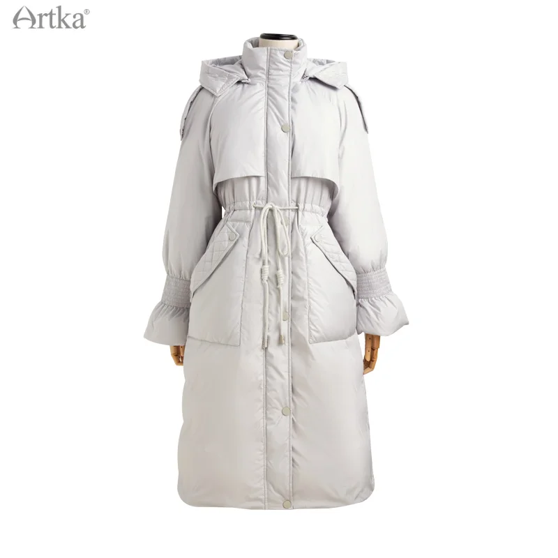 ARTKA 2021 Winter New Women Down Coat Fashion Casual 90% White Duck Down Coat Long Hooded Drawstring Thicken Outerwear YK20015D