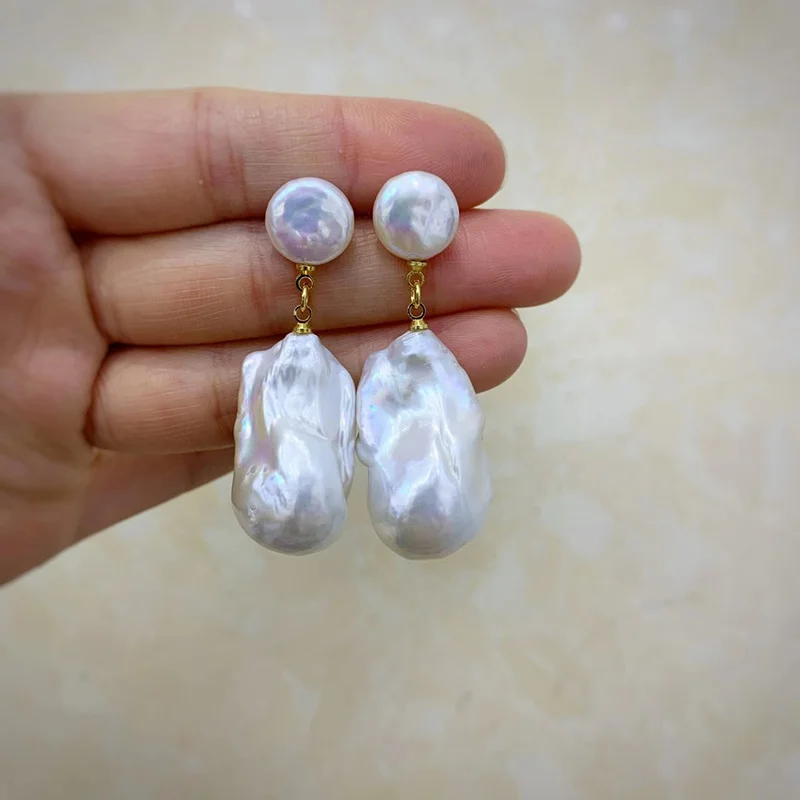

best seller women dangle earring natural white fresh water cultured baroque pearl with gold plated solid 925 silver stud girl