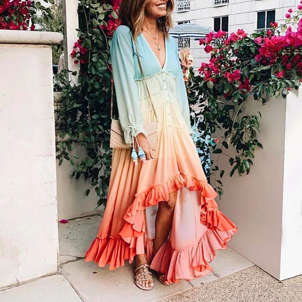 Boho Vrouwen gradiёnt V hals Button Vouw Losse Lange Jurk сексуальные женские пляжные вечерние платья