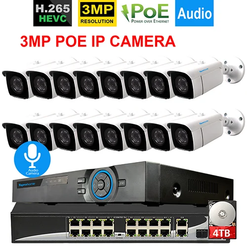 TOPROHOMIE H.265+ 16CH система видеонаблюдения 5MP POE NVR 48 В 3.0MP аудио запись Onvif POE ip-камера наружная камера видеонаблюдения - Цвет: 16 Bullet Camera