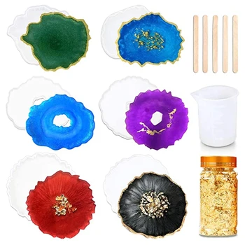 

Crystal Epoxy Resin Mold Coaster Irregular Wave Cup Pad Casting Silicone Mould with Foil Flakes Measure Cup Wood Sticks