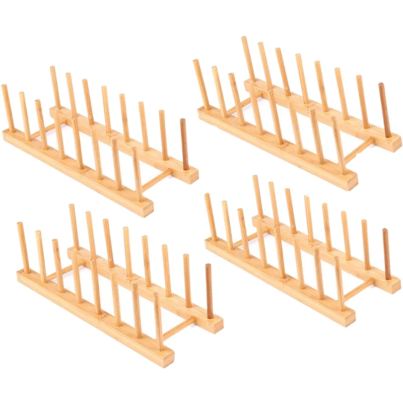 

4 Pack Bamboo Wooden Dish Rack Plate Rack Stand Pot Lid Holder Kitchen Cabinet Organizer for Bowl Cup Cutting Board and More