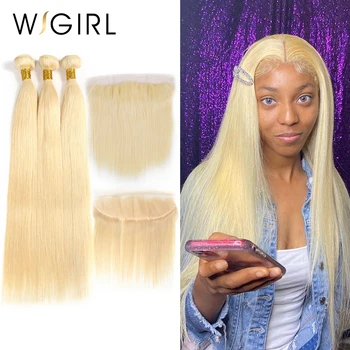 

Wigirl Hair 613 Blonde Straight 28 inch Brazilian Hair Weave Human Hair Bundles with Frontal 3PC Remy Hair and 1PC Lace Frontal
