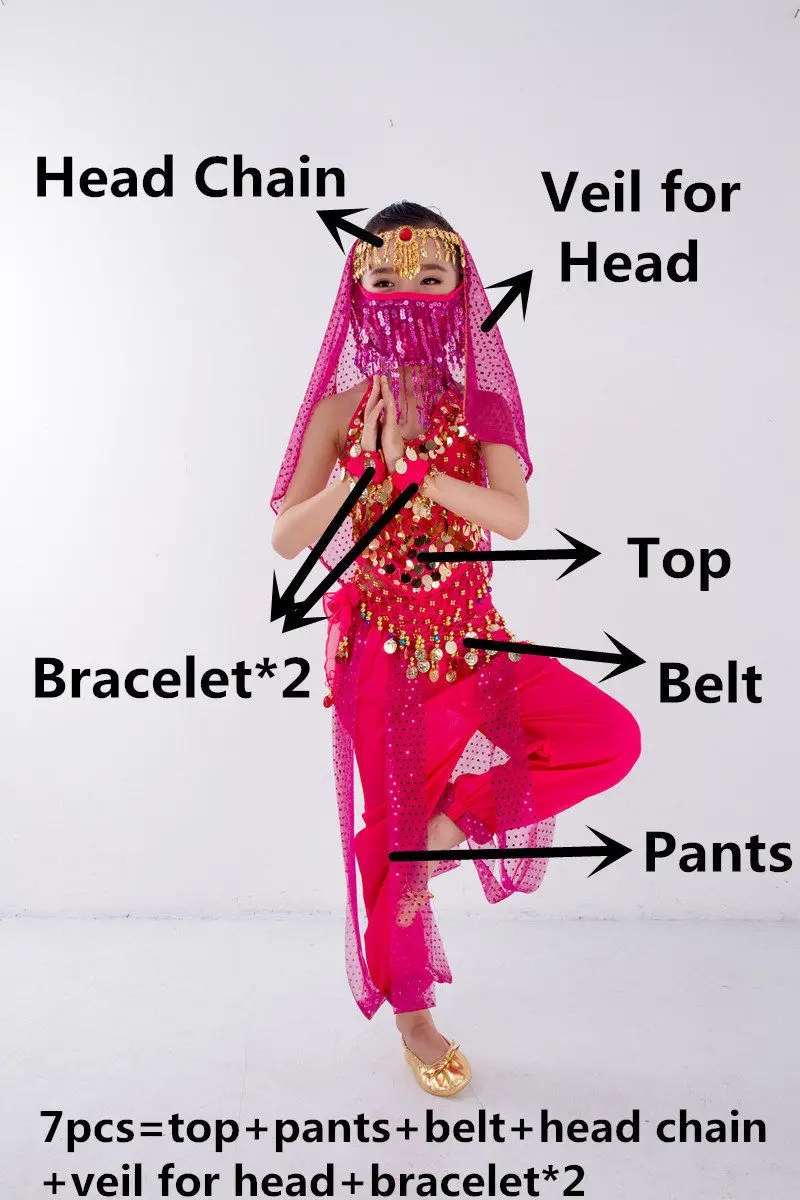 Child Costume Belly Dancer Belt Pants Veil Accessories for Wings Kids Bollywood Dress Girls Belly dance Costume Set 2-8Pieces - Цвет: Rose Red 7pcs
