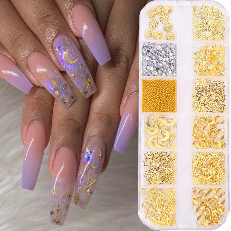 

12 boxes/sets of silver gold metal moon star rivet flash 3D nail art DIY art decoration